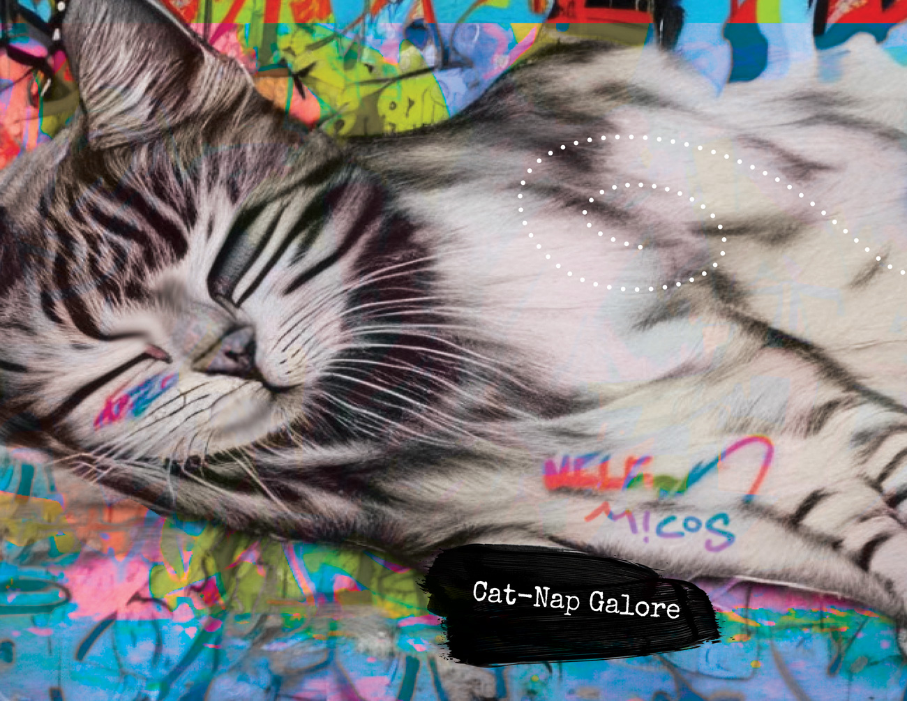 Book spread titled Cat-Nap Galore showing a striped cat asleep on a colorful graffiti wall.
