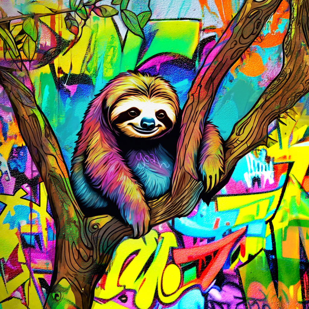 Painting of a smiling sloth hanging in a tree in front of a bright graffiti-covered wall.